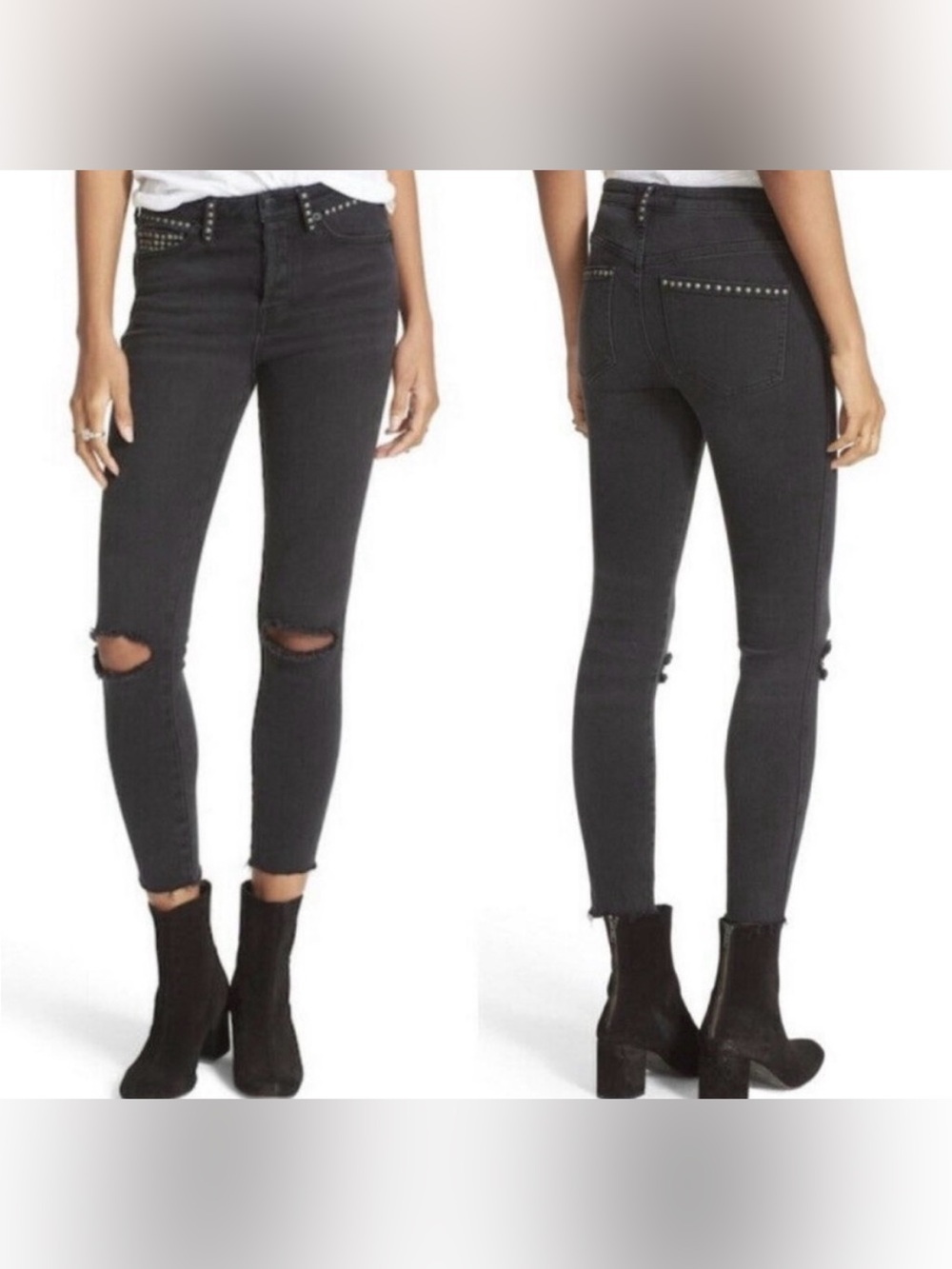 Free People Studded Payton Jeans Washed Black Distressed Size 27
